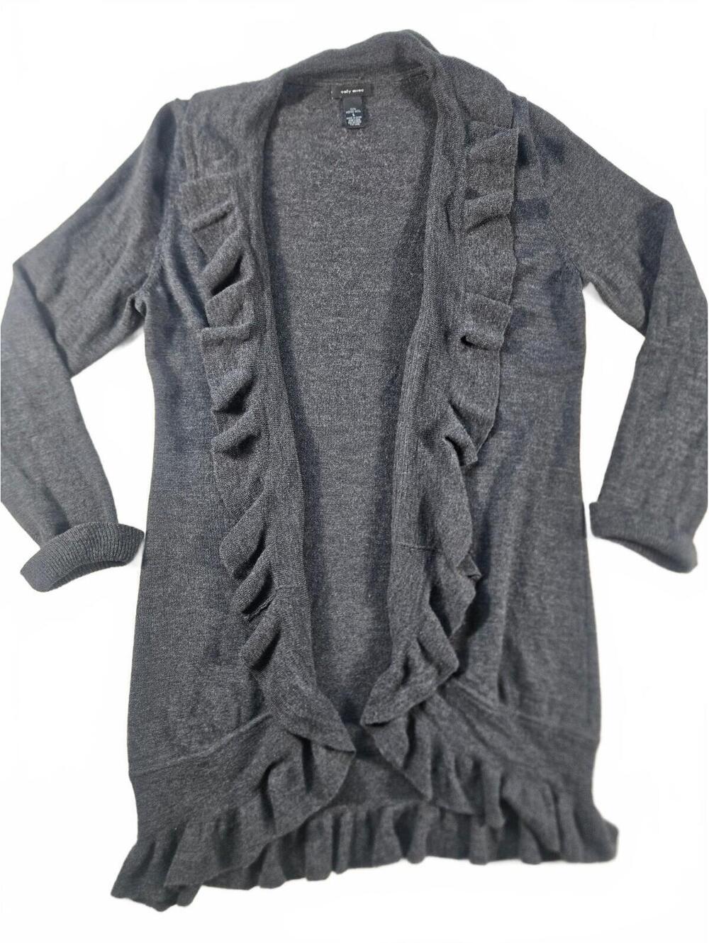 100% Merino Wool Ruffle Open Front Cardigan Charcoal L Quiet Luxury Cottagecore